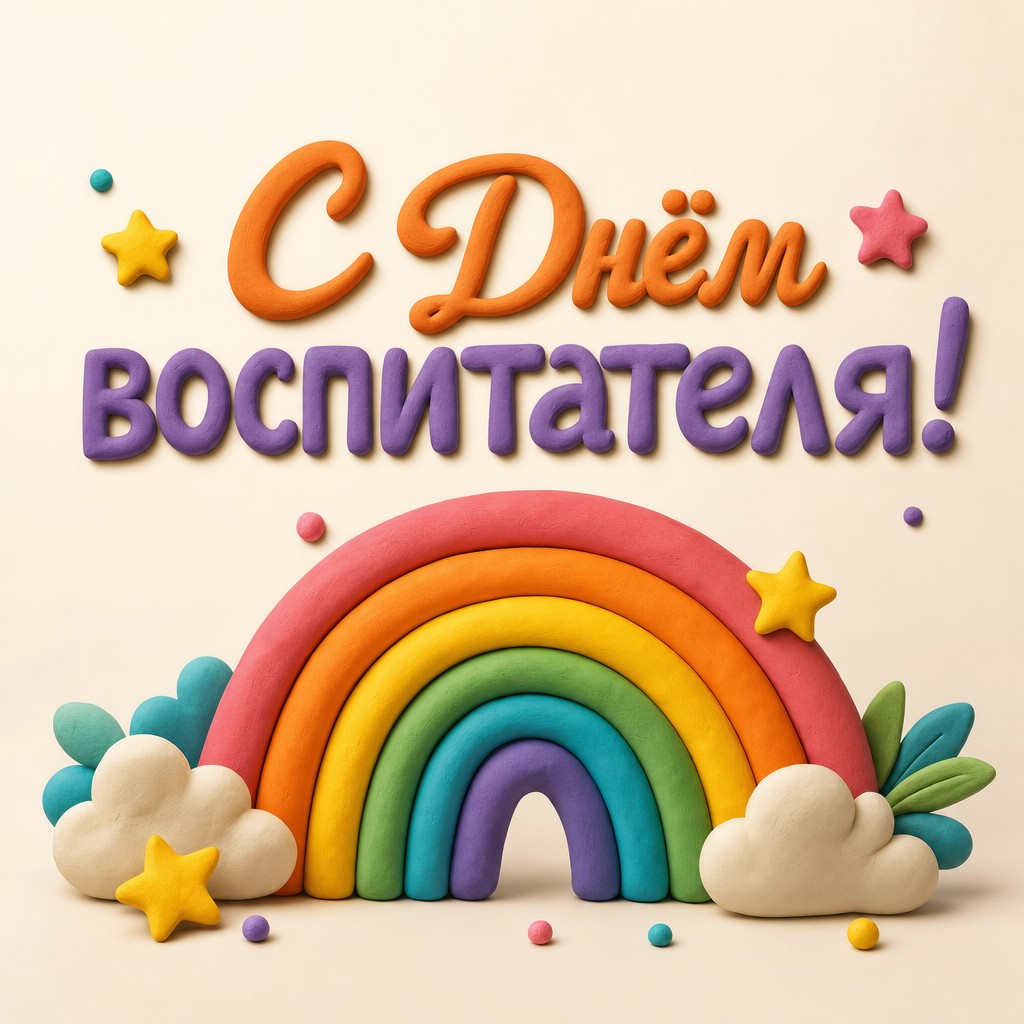 Весёлая открытка ко Дню воспитателя и дошкольного работника с пластилиновой радугой.
