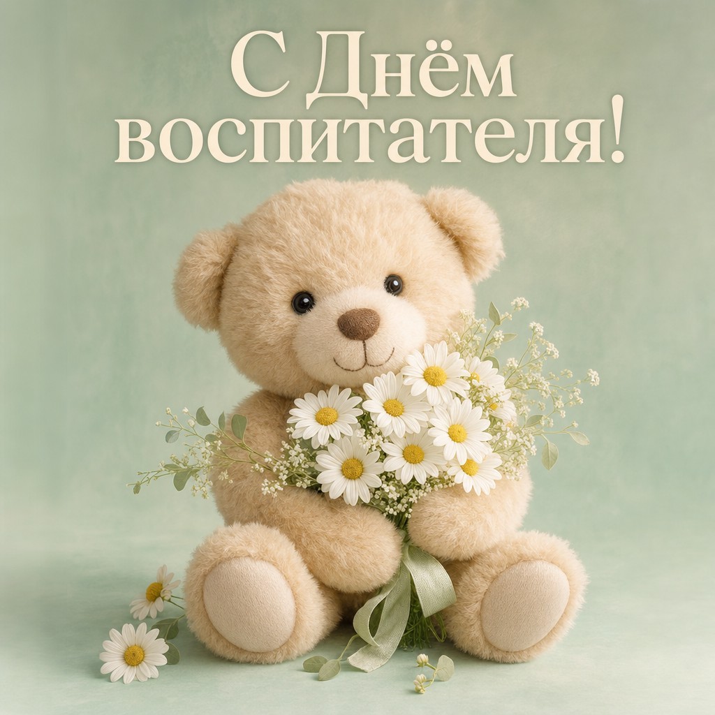 Милая пастельная открытка ко Дню воспитателя и дошкольного работника с плюшевым мишкой и ромашками.