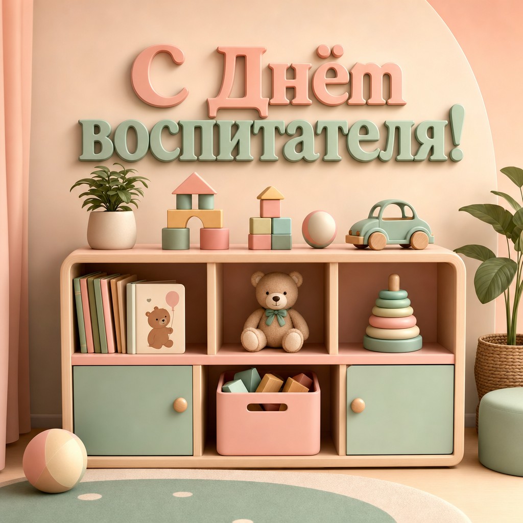 Современная 3D-открытка ко Дню воспитателя и дошкольного работника с полкой детских игрушек.