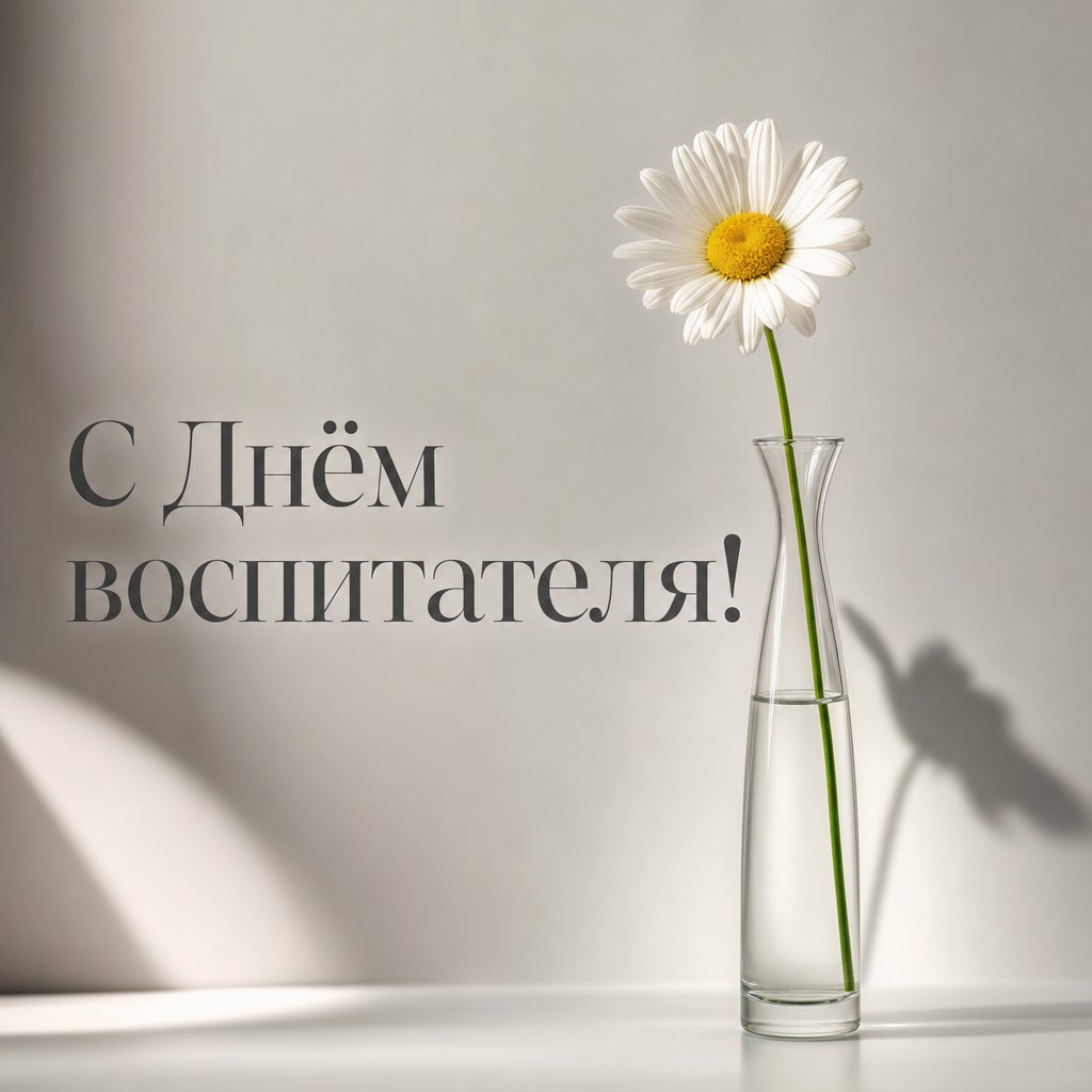 Минималистичная премиальная открытка ко Дню воспитателя и дошкольного работника с ромашкой в вазе.