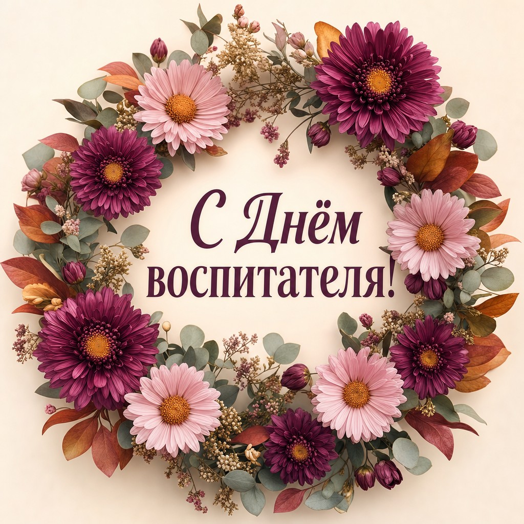 Элегантная цветочная открытка ко Дню воспитателя и дошкольного работника с венком из астр.