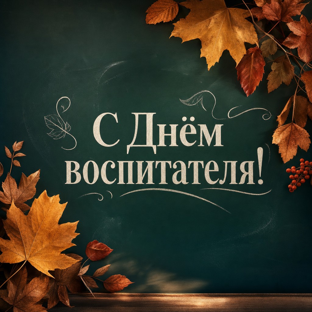 Современная открытка ко Дню воспитателя и дошкольного работника с зелёной доской и осенними листьями.