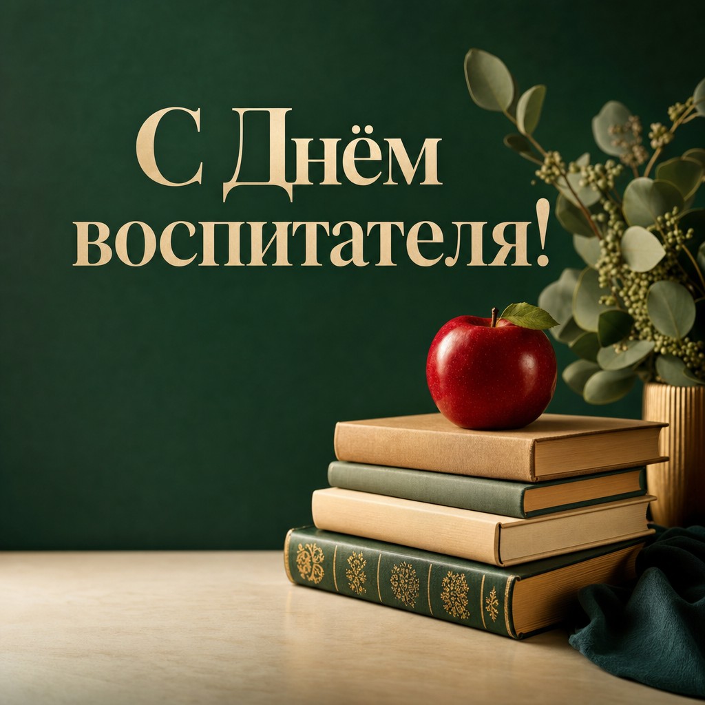 Стильная открытка ко Дню воспитателя и дошкольного работника со стопкой книг и яблоком.
