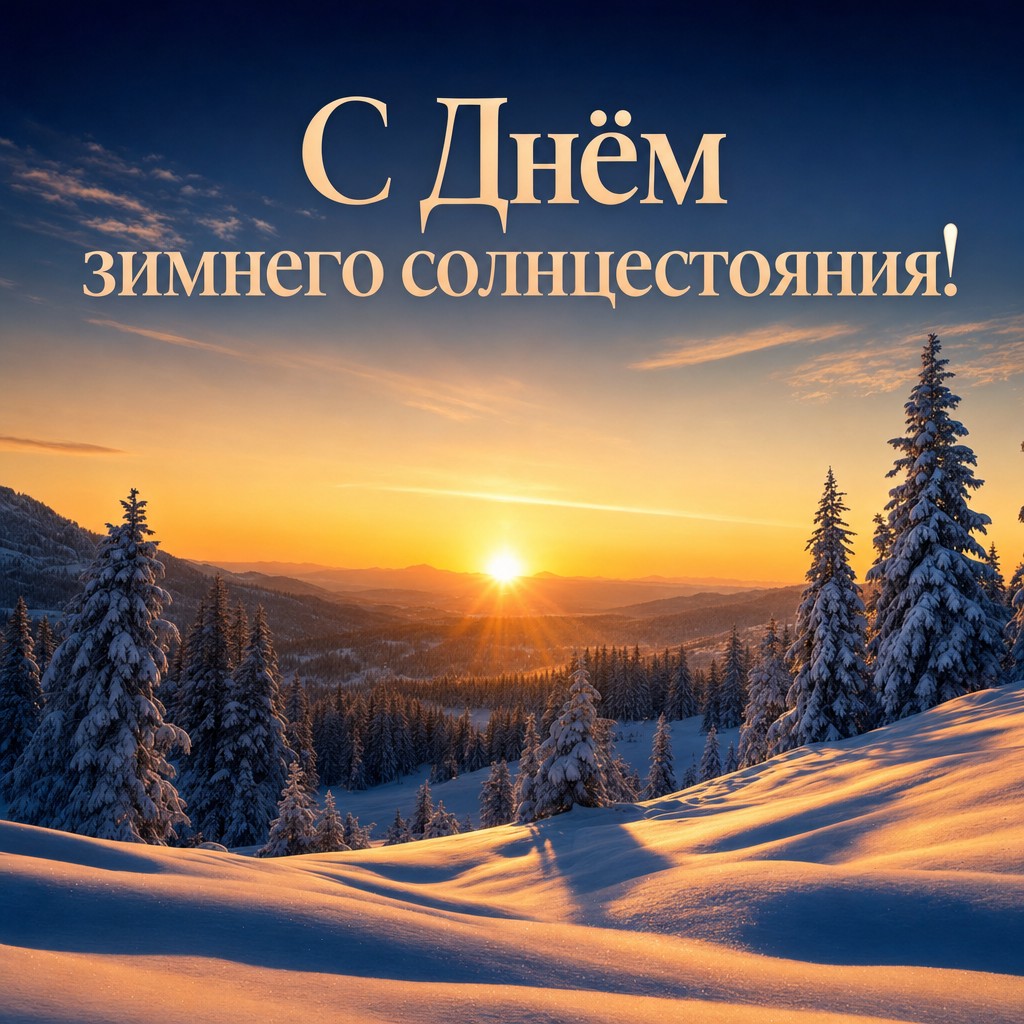 Премиальная зимняя открытка с восходом солнца над снежным лесом для Дня зимнего солнцестояния.