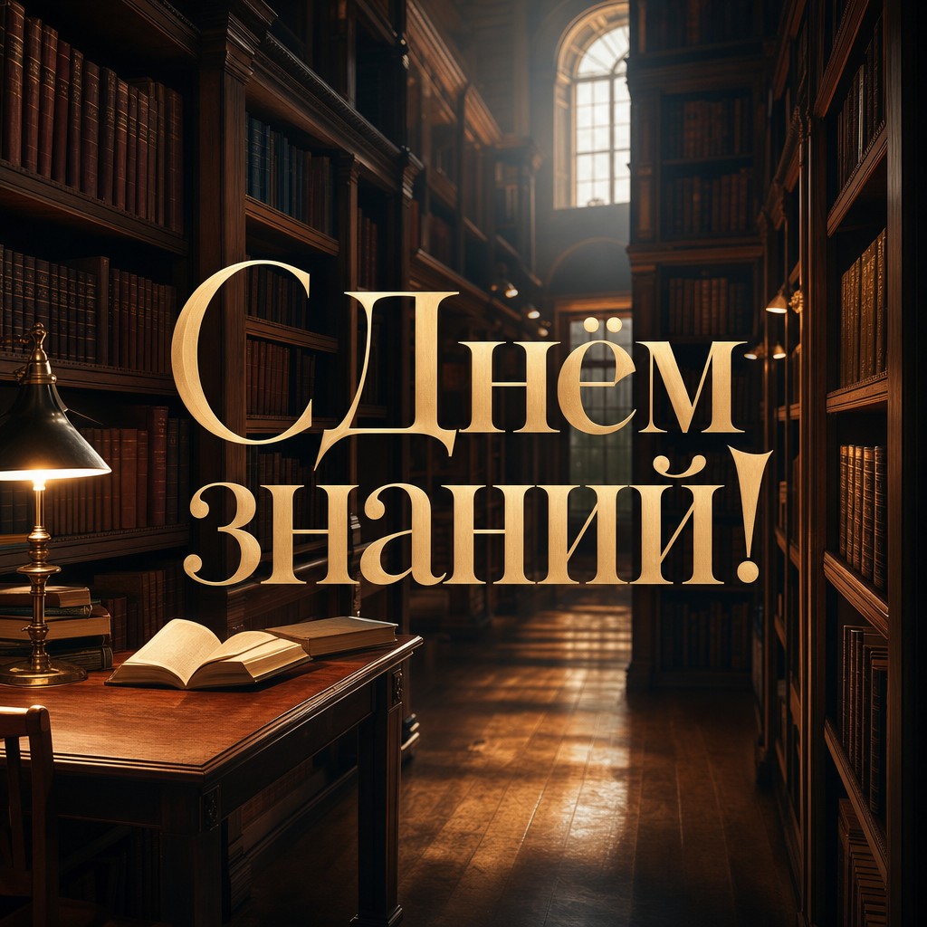 Атмосферная открытка ко Дню знаний с библиотекой, книгами и тёплым кинематографичным светом.