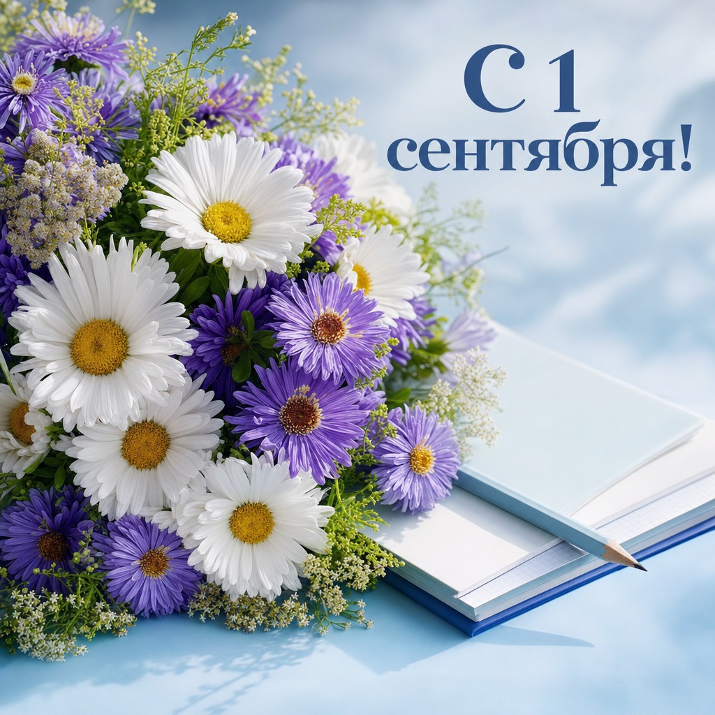 Светлая открытка ко Дню знаний с реалистичным букетом астр, тетрадями и школьным настроением.