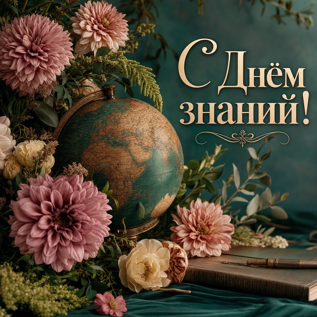 Элегантная открытка ко Дню знаний с глобусом, георгинами и утончённой школьной эстетикой.