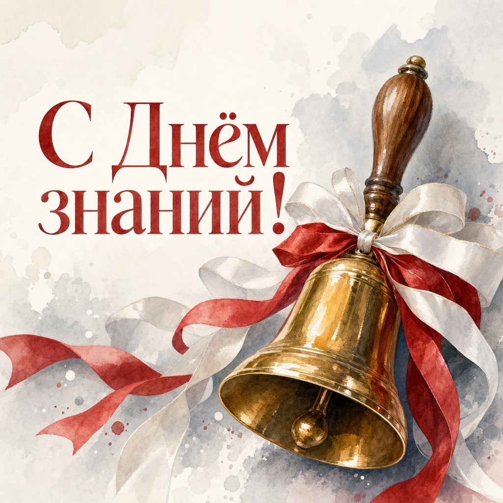 Нежная акварельная открытка ко Дню знаний с праздничным школьным колокольчиком и лентами.