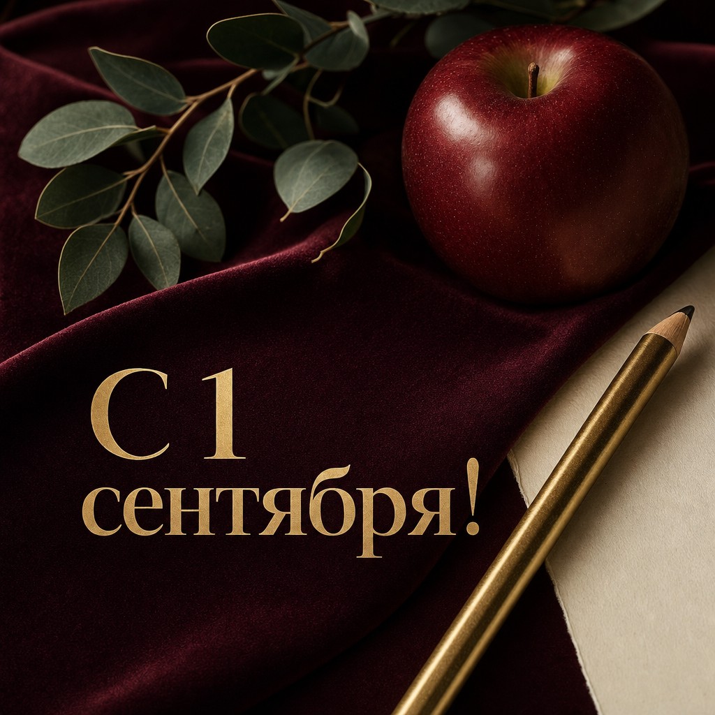 Роскошная открытка ко Дню знаний с красным яблоком, золотым карандашом и бархатной фактурой.