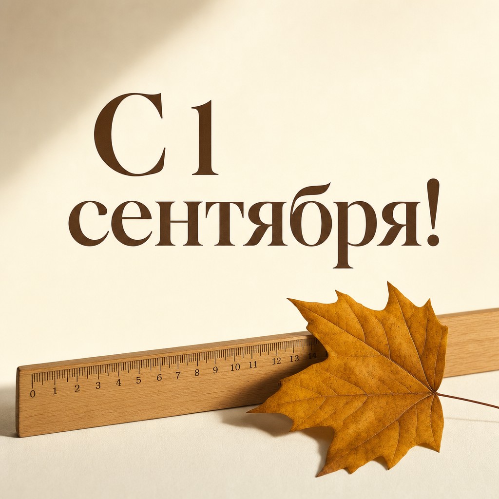 Лаконичная открытка ко Дню знаний с деревянной линейкой и осенним листом на светлом фоне.