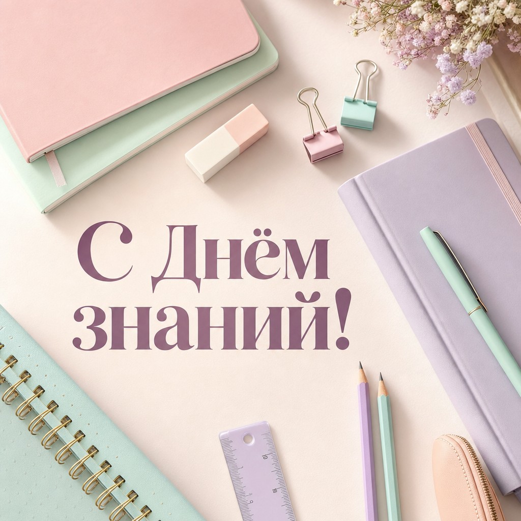 Нежная открытка ко Дню знаний с пастельной школьной канцелярией в аккуратной композиции.