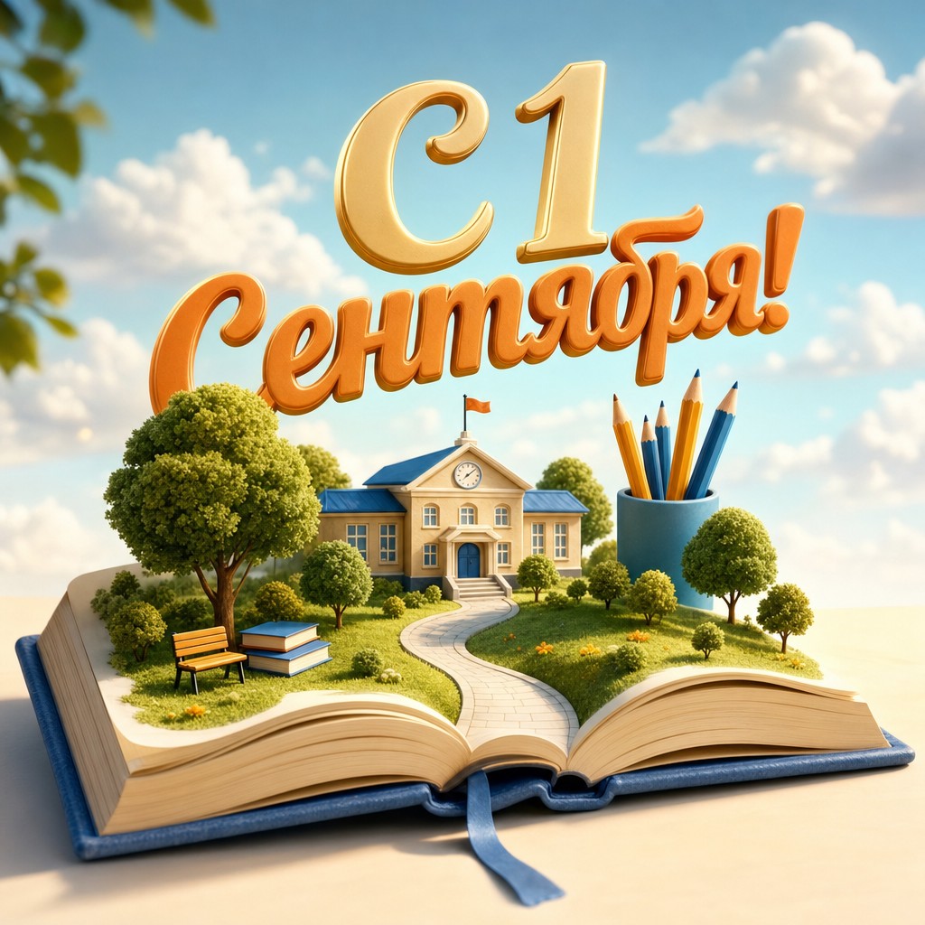 3D-открытка ко Дню знаний с раскрытой книгой и миниатюрной школьной сценой.