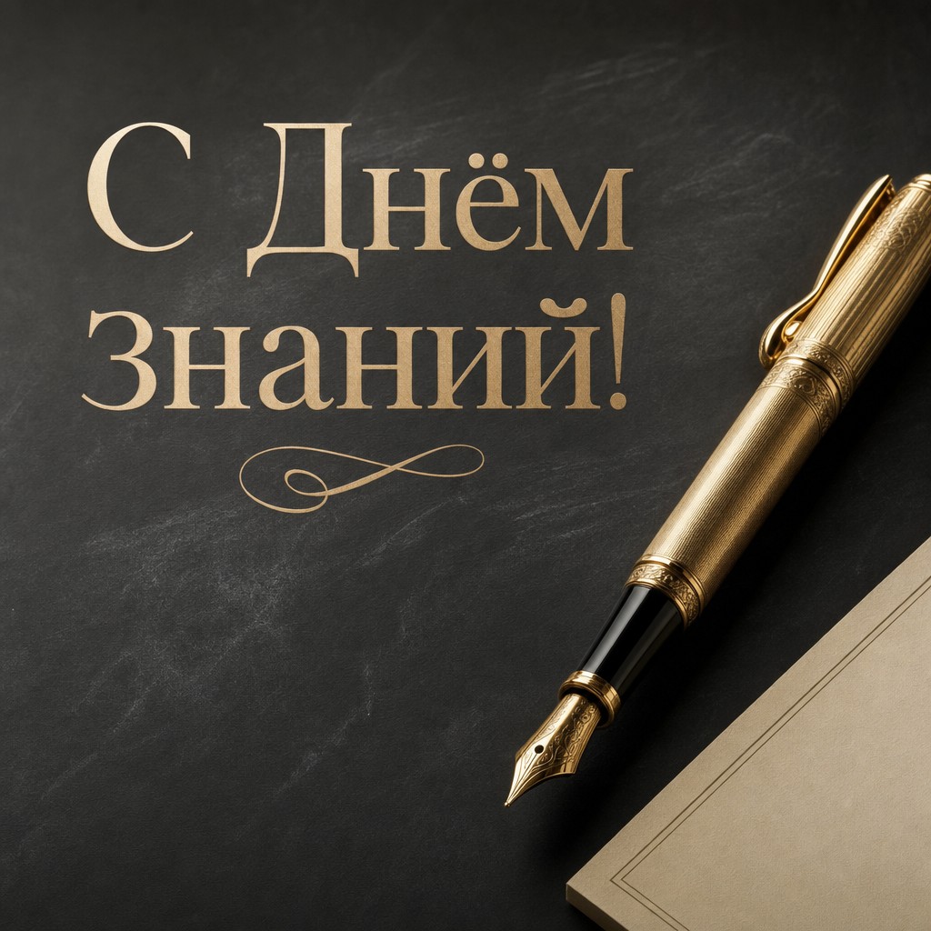 Элегантная открытка ко Дню знаний с золотой перьевой ручкой и премиальной школьной эстетикой.