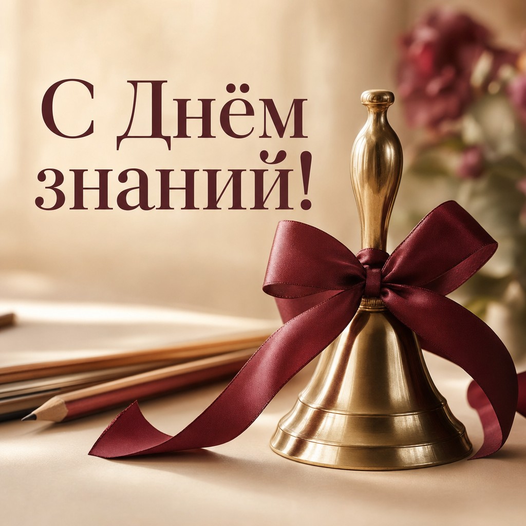 Стильная открытка с Днём знаний: золотой школьный звонок, бордовая лента и тёплая премиальная палитра.