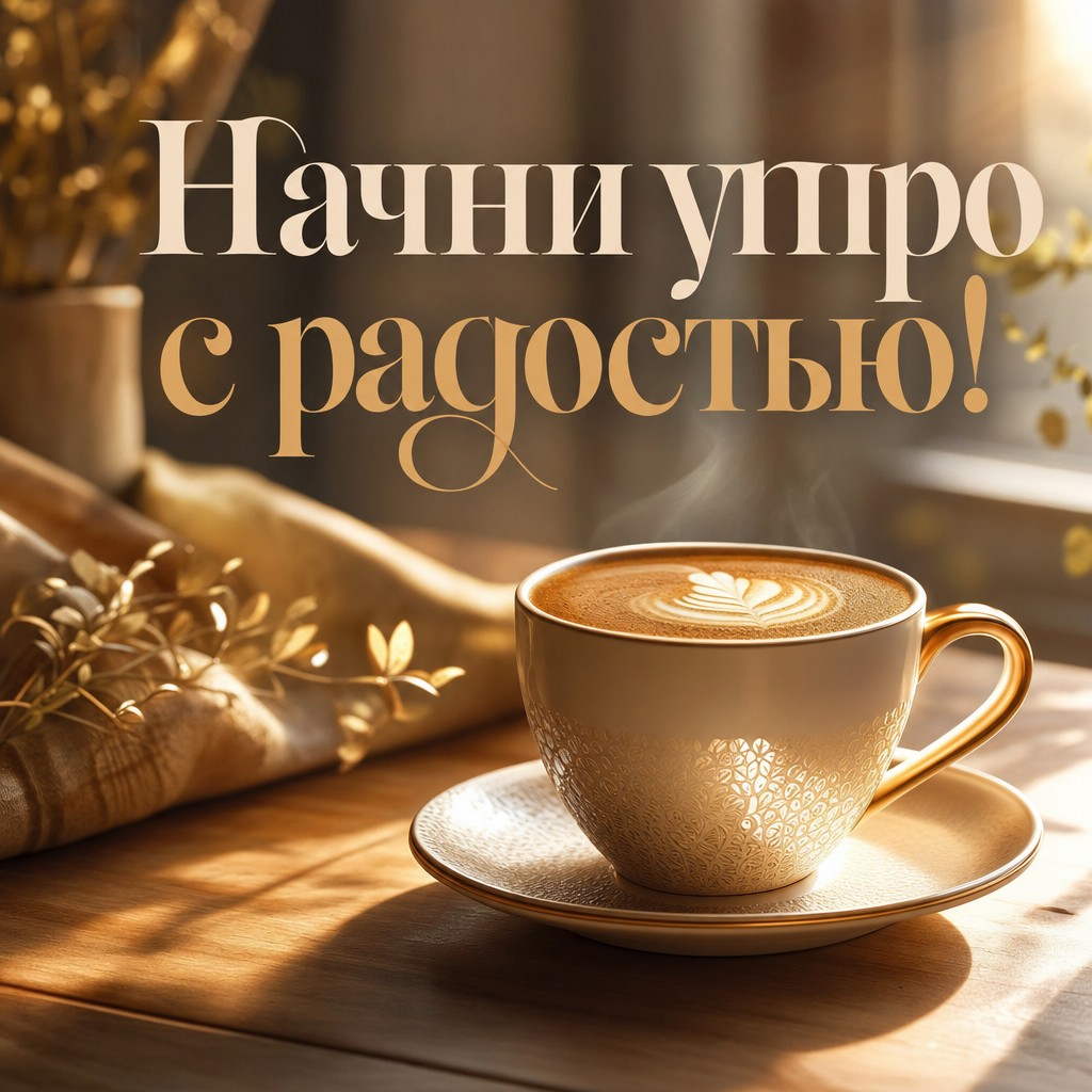 Отправьте открытку с добрым утром с изображением кружки кофе на деревянном столе, наполненной светом и уютом.
