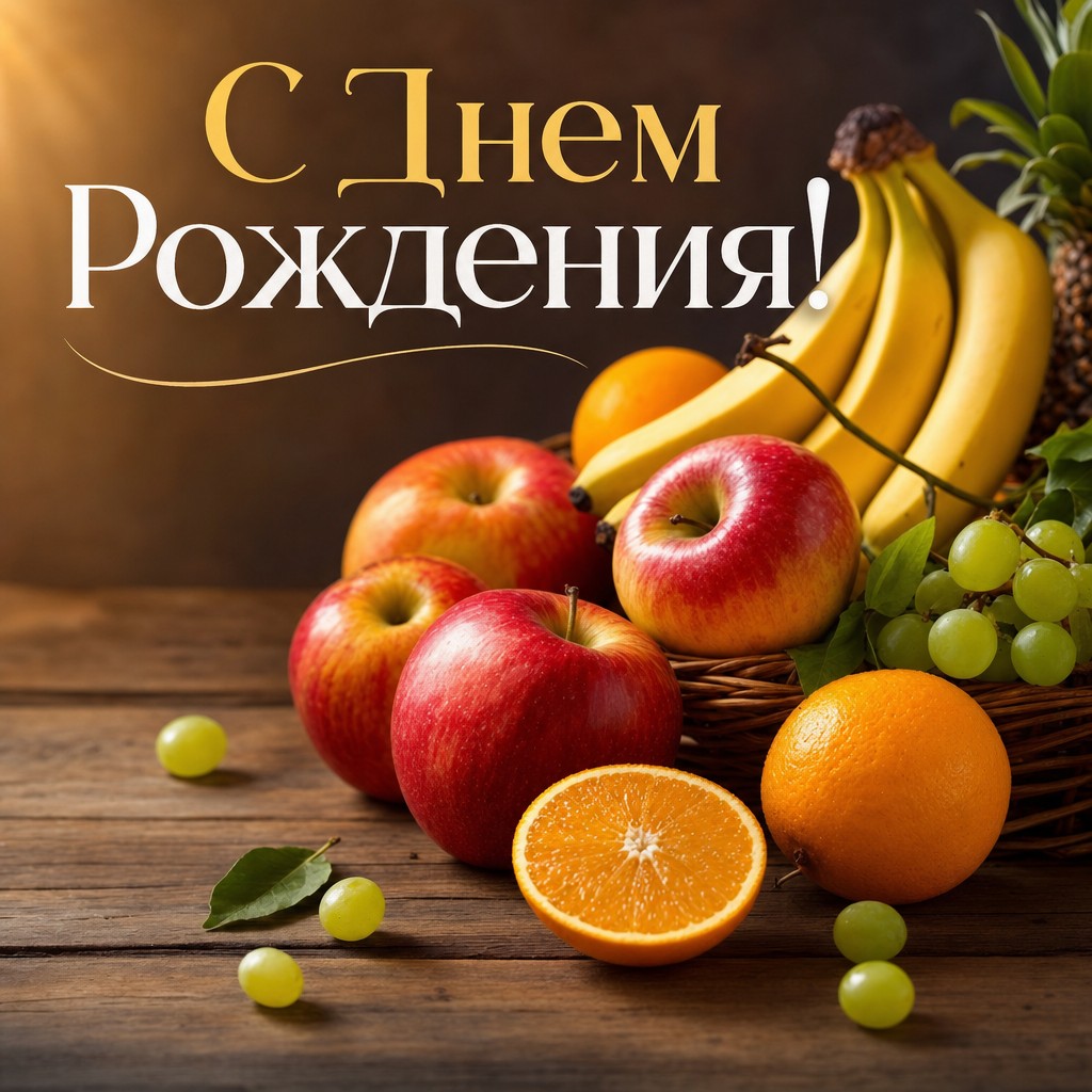 Реалистичная открытка с фруктами, предназначенная для поздравления с Днем Рождения.