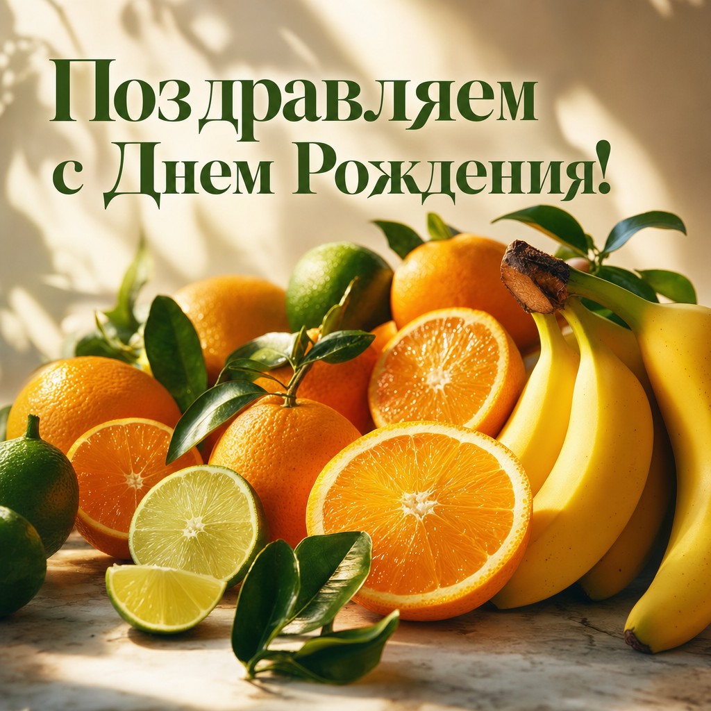 Яркая открытка с фруктами для поздравления с Днем Рождения.