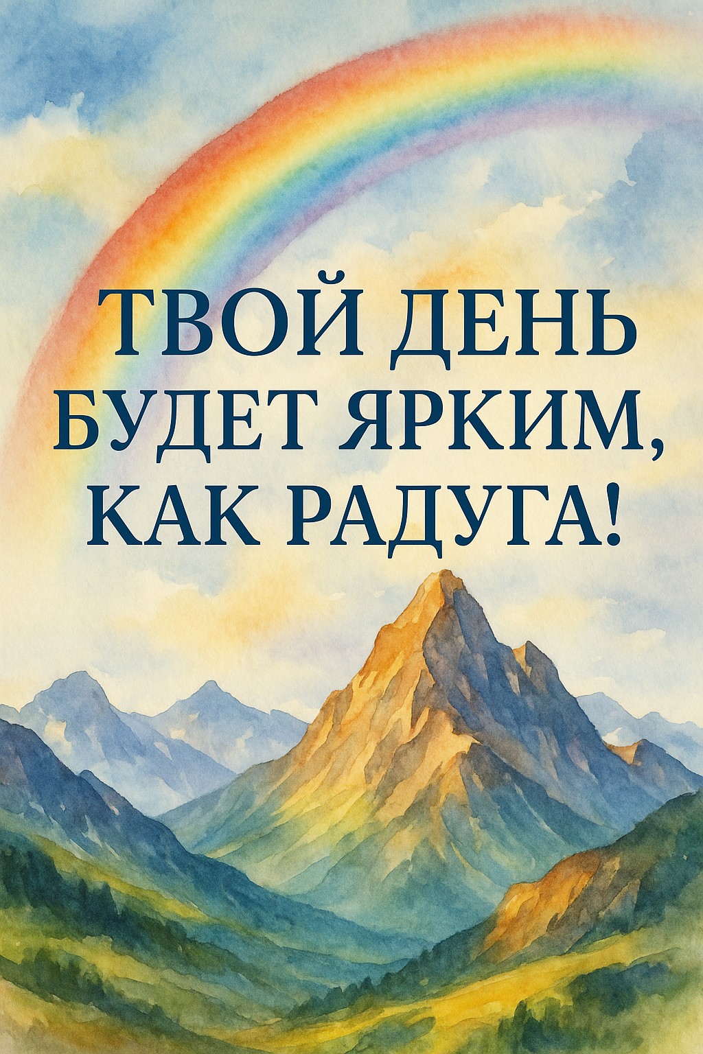 Прекрасная акварельная открытка с горами и радугой для радостного дня.