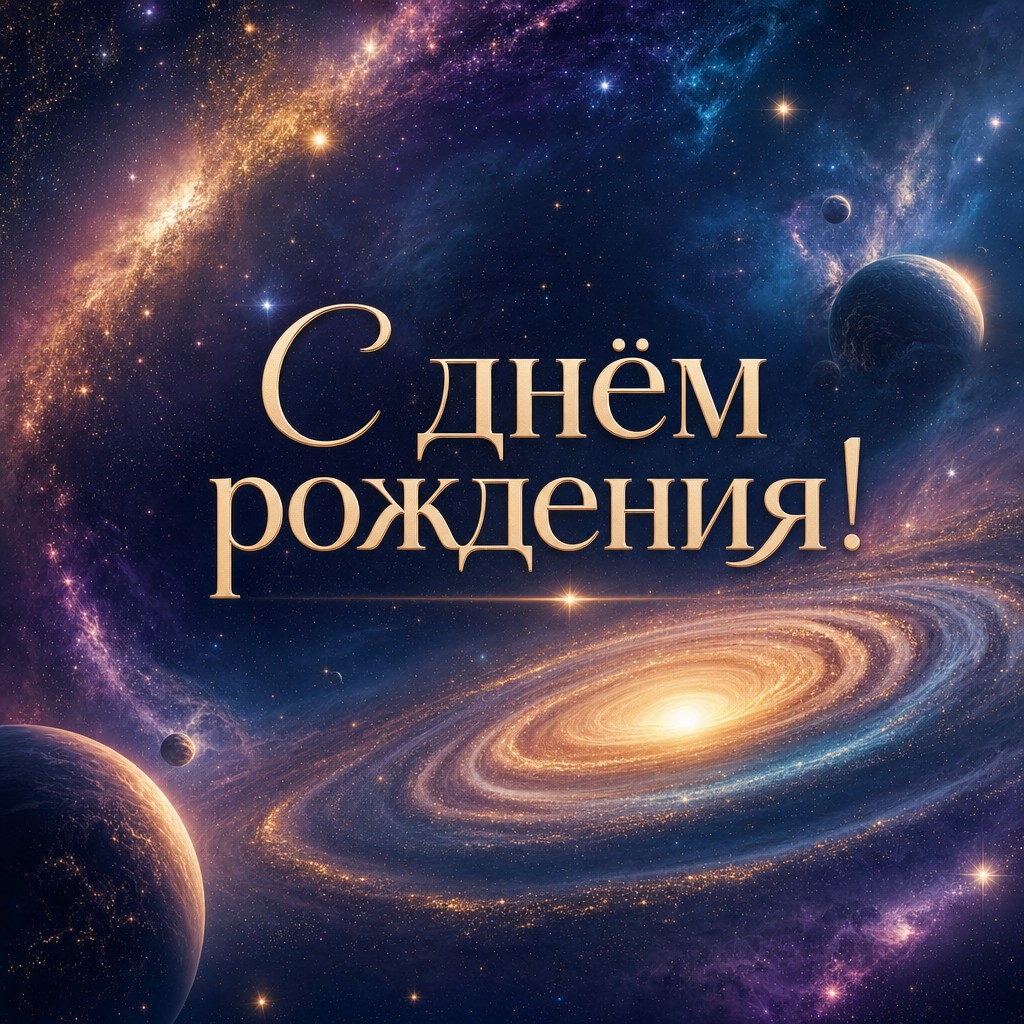 Открытка с космической галактикой для поздравления с Днем Рождения.