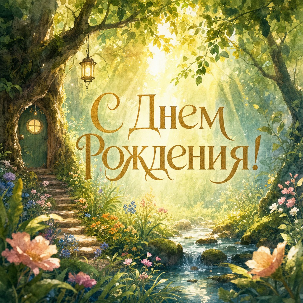 Сказочная открытка с лесом для поздравления с Днем Рождения.