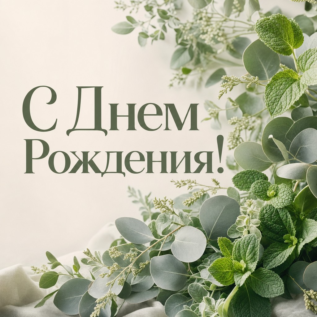 Изящная открытка с листьями, предназначенная для поздравлений с Днем Рождения.
