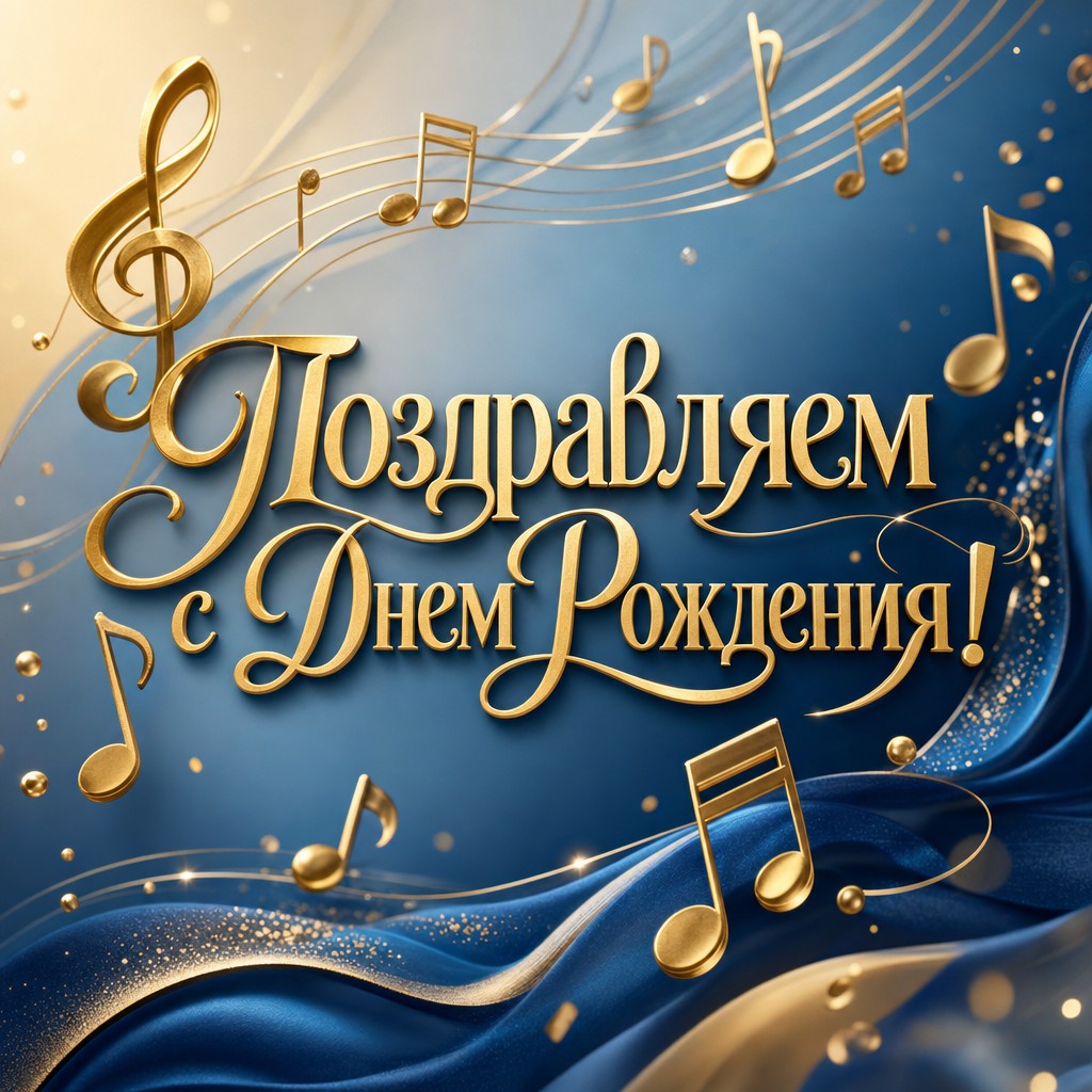 Открытка с музыкальными нотами для поздравления с Днем Рождения.