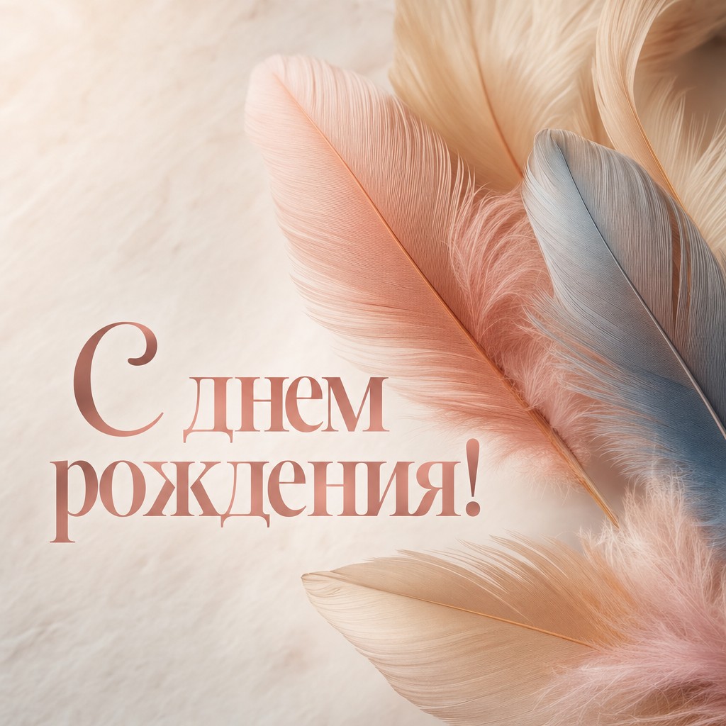 Открытка с нежными перьями для поздравления с Днем Рождения.
