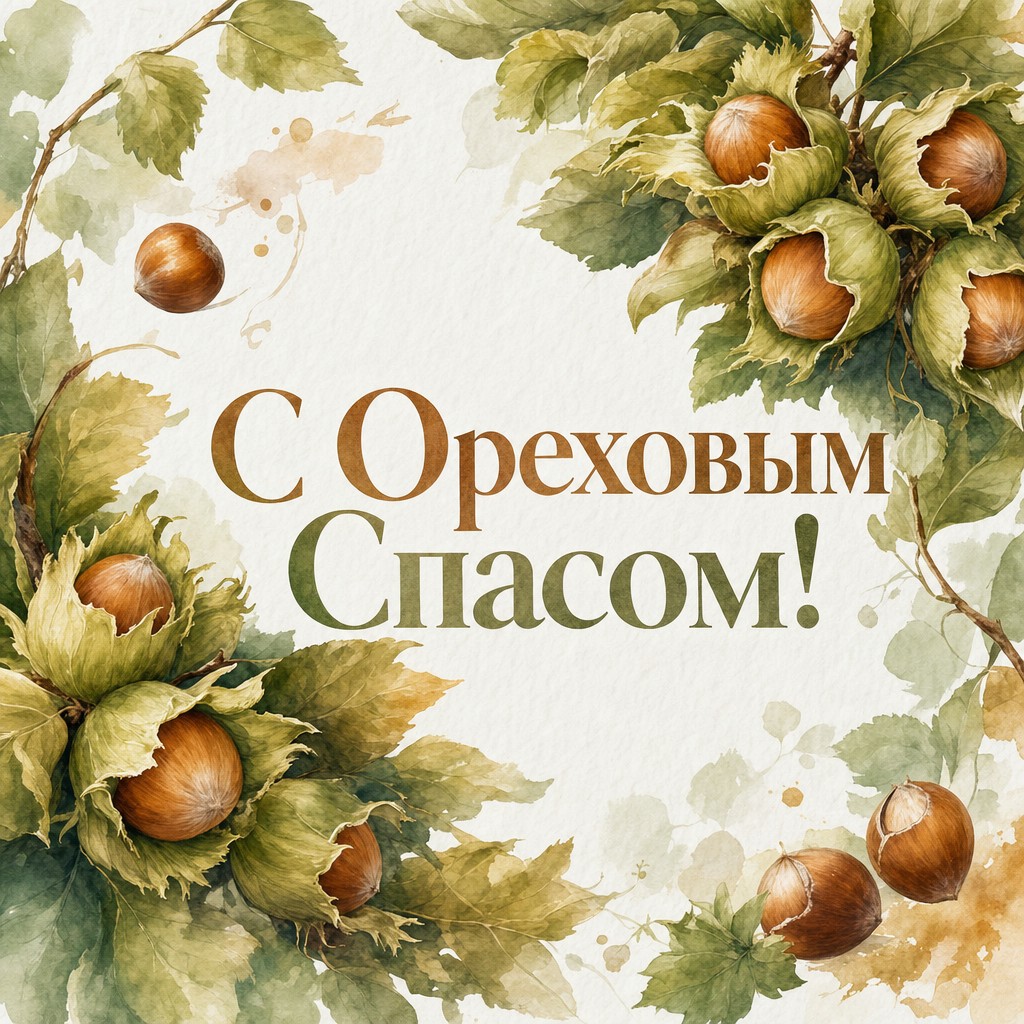 Лёгкая акварельная открытка с Ореховым Спасом с фундуком, листьями и светлым фоном.