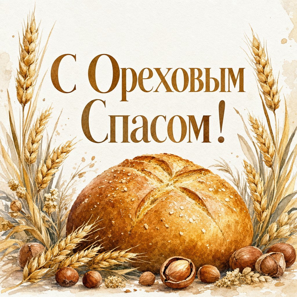 Тёплая акварельная открытка с Ореховым Спасом с караваем и пшеничными колосьями.