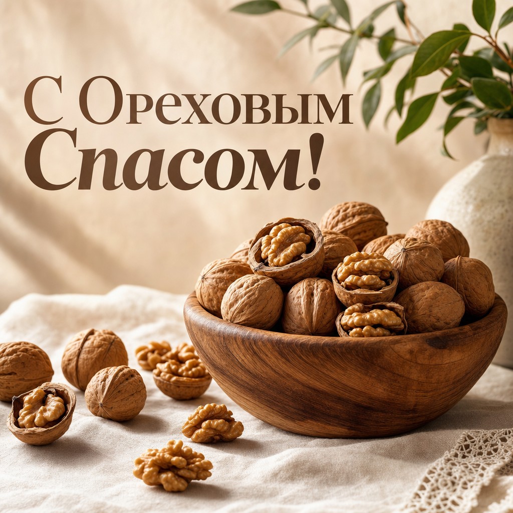 Премиальная открытка с Ореховым Спасом: грецкие орехи в деревянной миске на светлом льне.