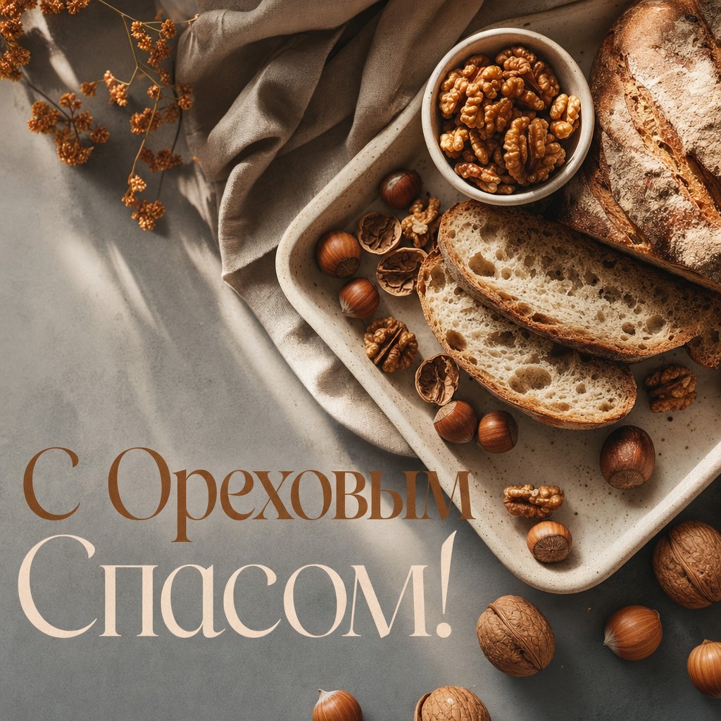Уютная открытка с Ореховым Спасом с хлебом, орехами и мягким утренним светом.