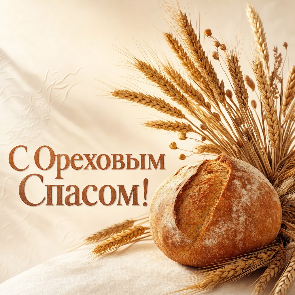 Элегантная открытка с Ореховым Спасом с золотистым караваем и пшеничными колосьями.