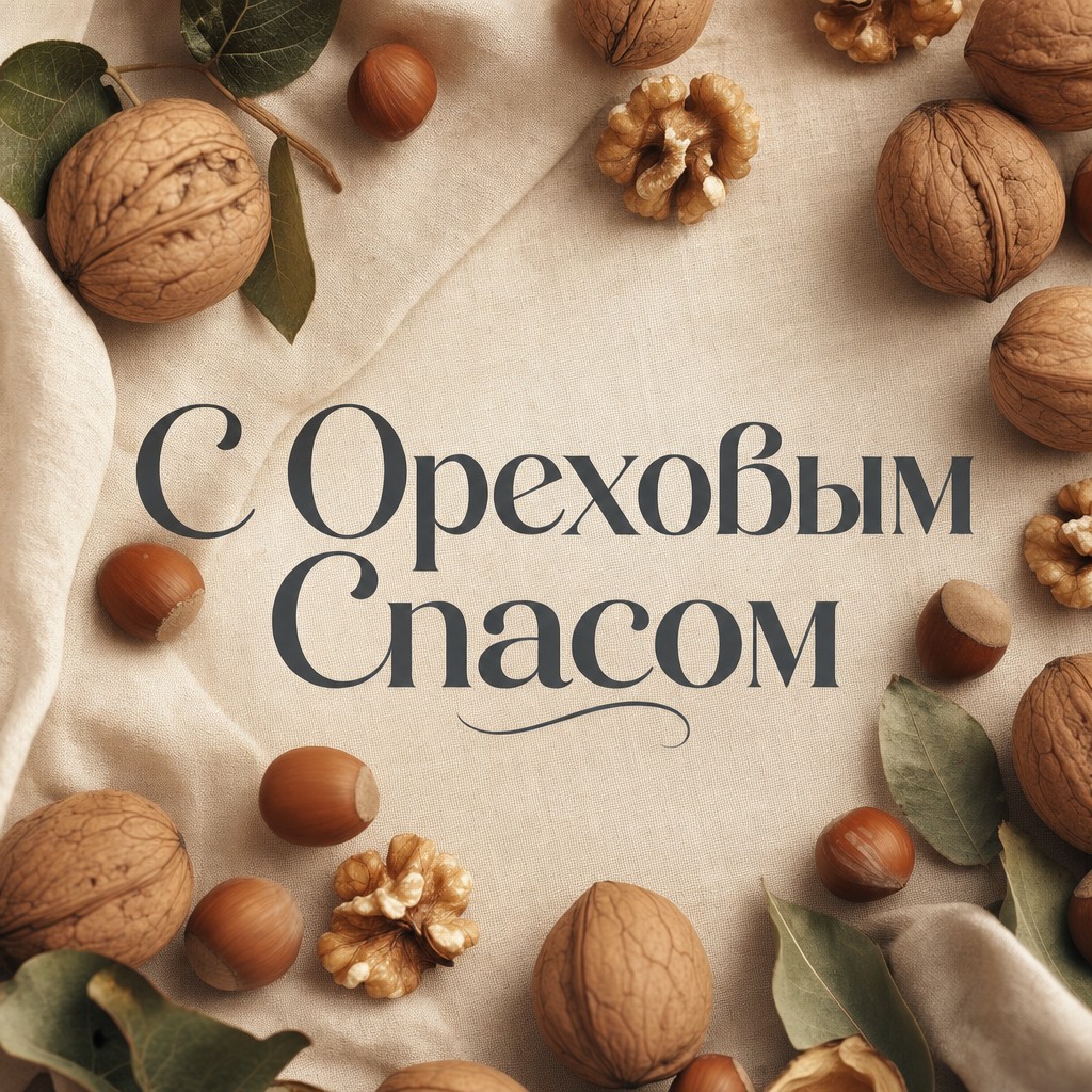 Современная открытка с Ореховым Спасом: орехи на натуральной льняной ткани и чистая композиция.