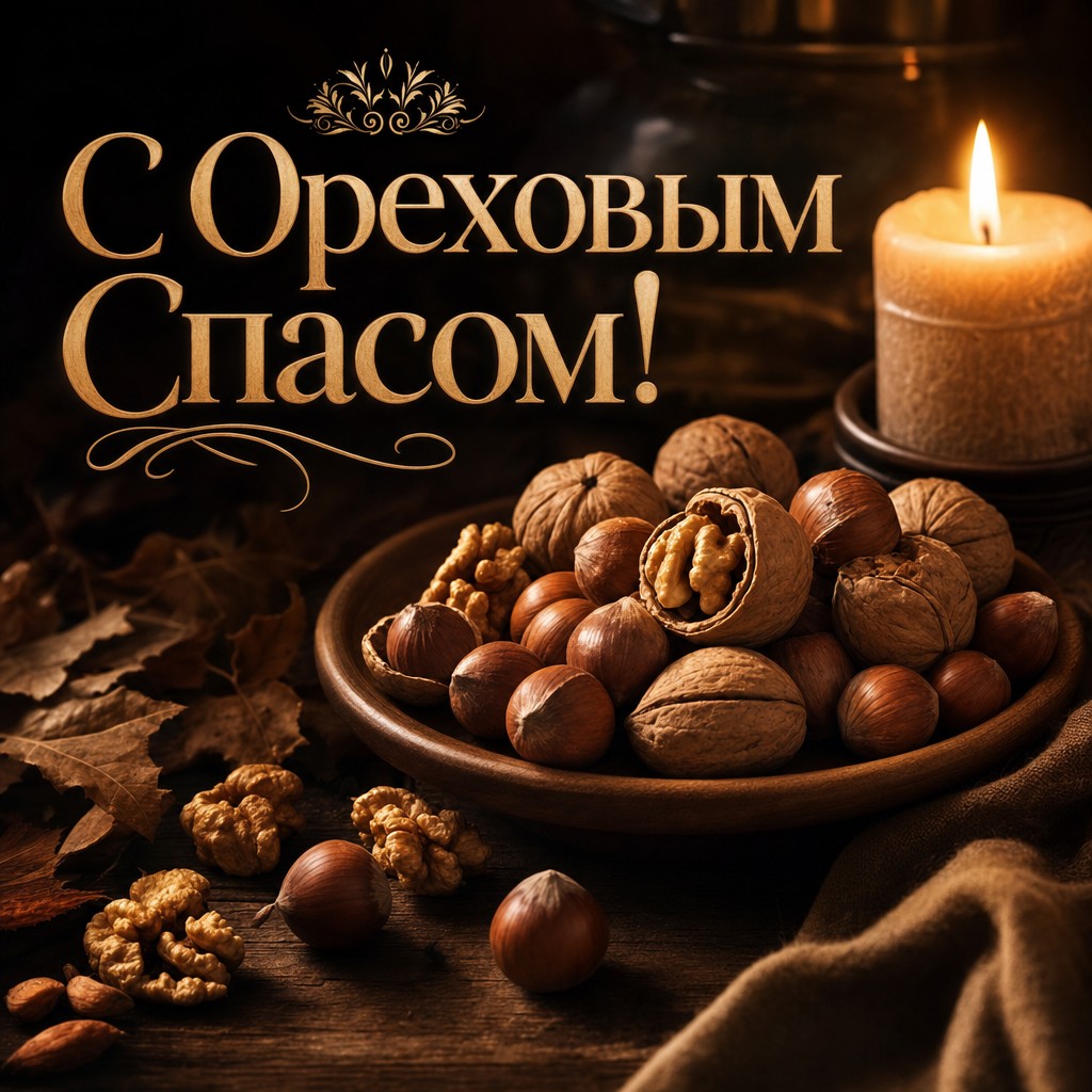 Атмосферная открытка с Ореховым Спасом: орехи, свеча и тёплый вечерний свет.
