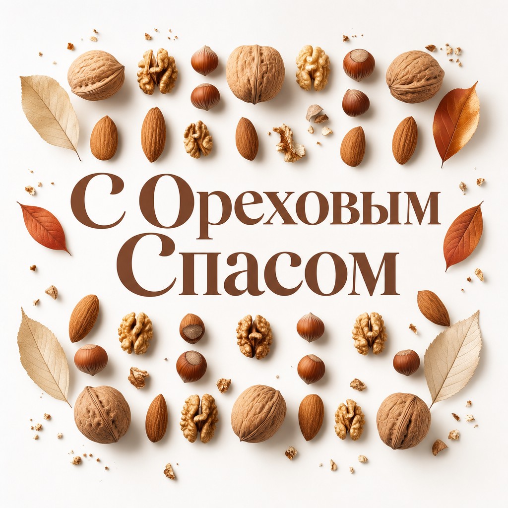 Современная открытка с Ореховым Спасом с орехами в аккуратной геометрической композиции.
