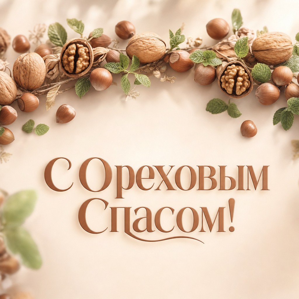 Пастельная открытка с Ореховым Спасом с аккуратной ореховой гирляндой и мягкой палитрой.
