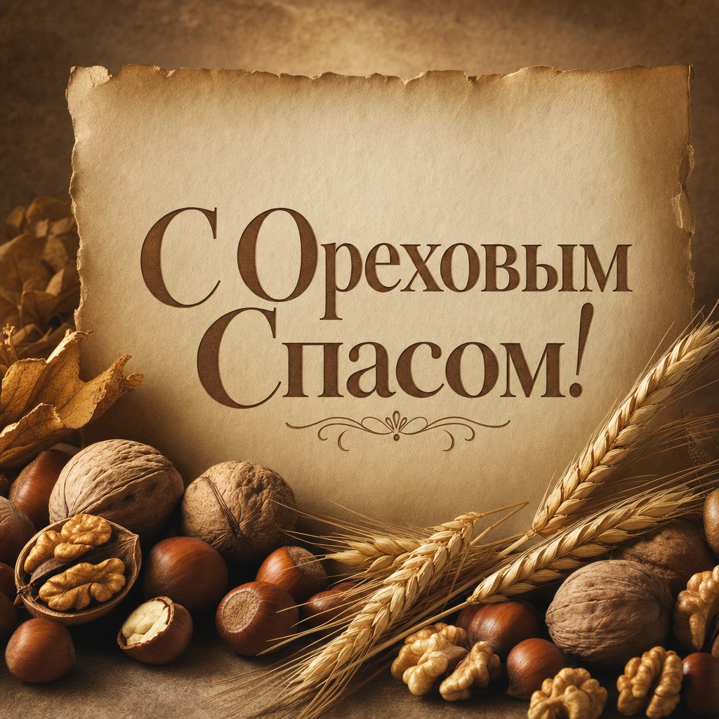 Классическая премиальная открытка с Ореховым Спасом с пергаментом, орехами и колосьями.