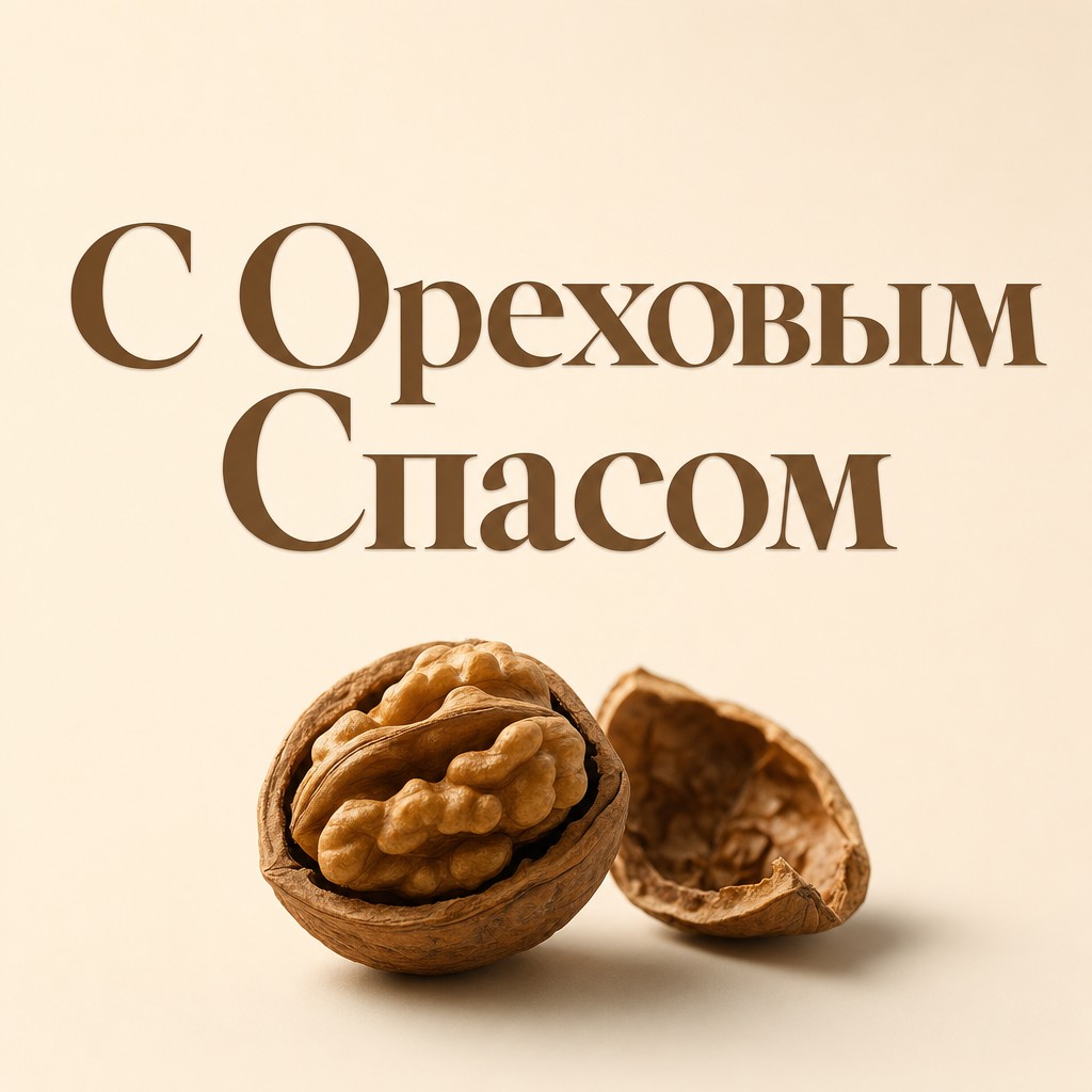Минималистичная открытка с Ореховым Спасом с одним расколотым грецким орехом.