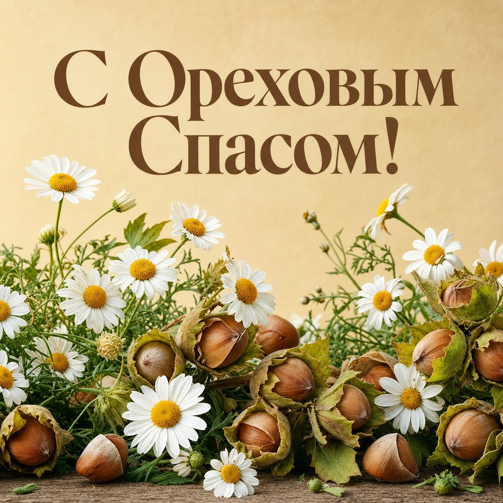 Светлая открытка с Ореховым Спасом с ромашками и фундуком в натуральной палитре.