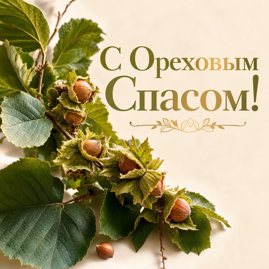 Нежная ботаническая открытка с Ореховым Спасом с веткой лещины и орехами.