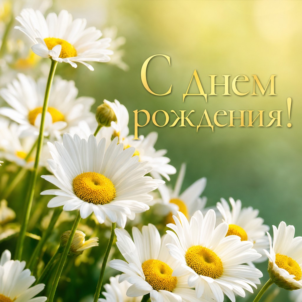 Яркая открытка с ромашками для поздравления с Днем Рождения.
