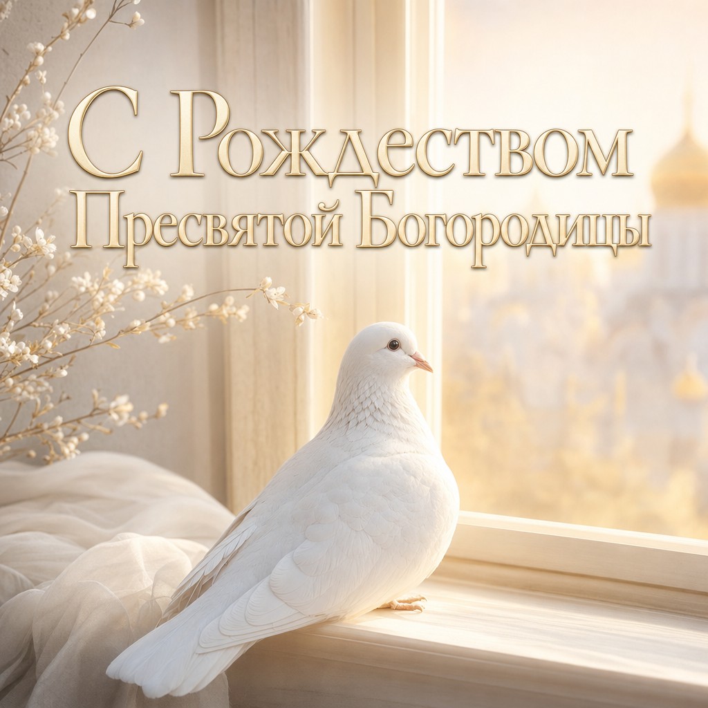 Светлая открытка к Рождеству Пресвятой Богородицы с белым голубем и мягким утренним светом.