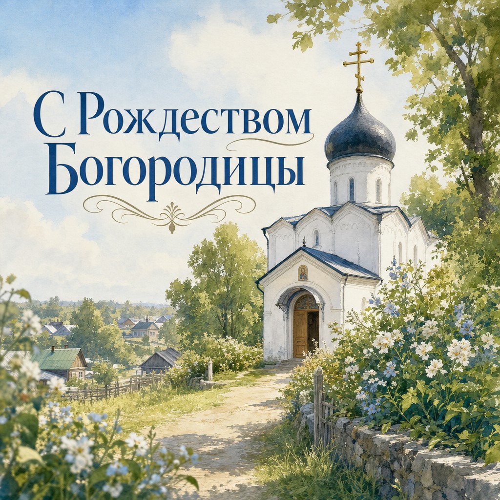 Акварельная открытка к Рождеству Пресвятой Богородицы с тихим белым храмом в зелени.
