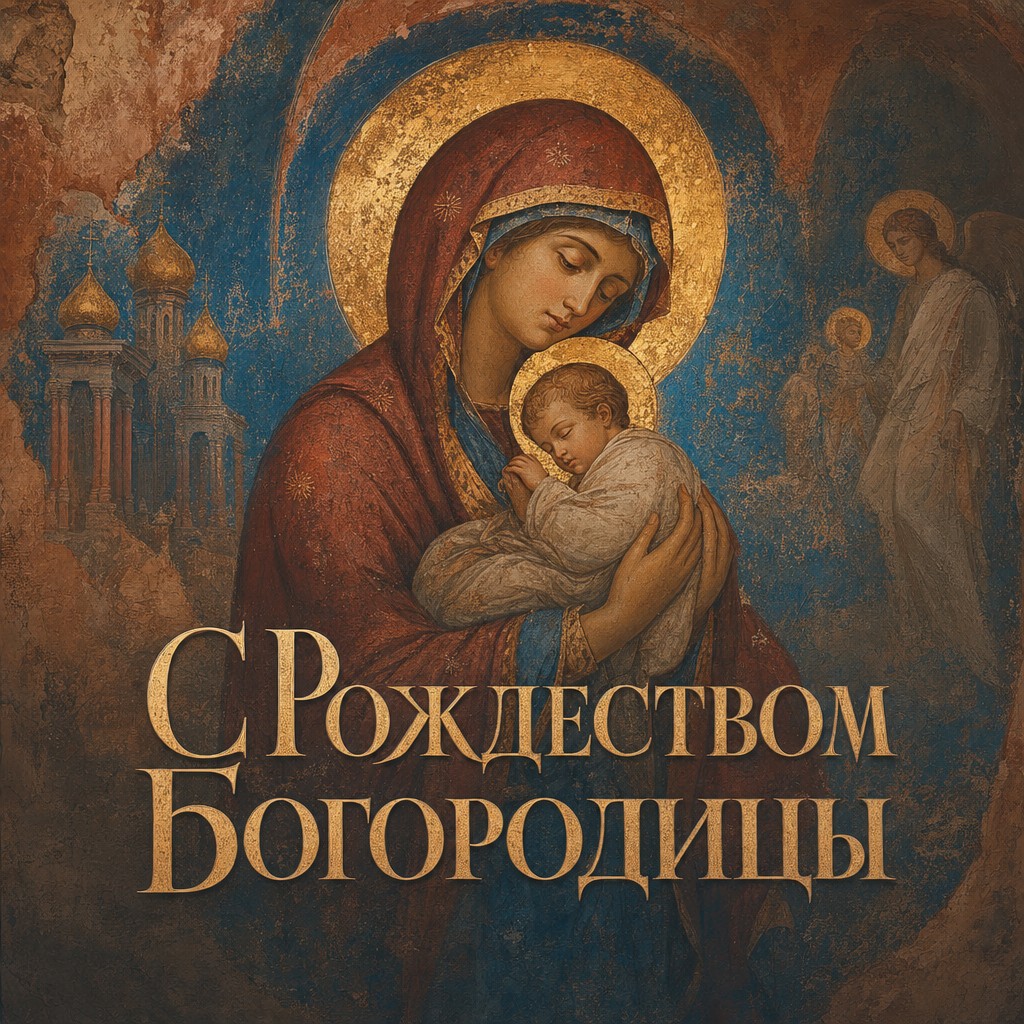 Благородная открытка к Рождеству Пресвятой Богородицы с фактурой древней церковной фрески.