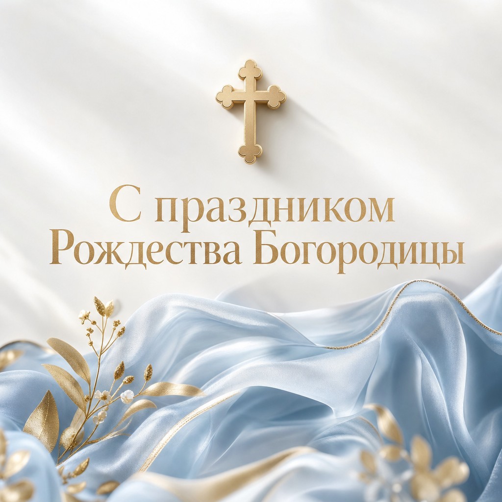 Минималистичная открытка к Рождеству Пресвятой Богородицы с голубым покровом и золотым крестом.