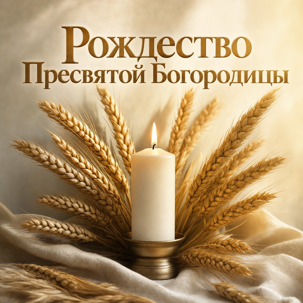 Теплая открытка к Рождеству Пресвятой Богородицы с пшеничными колосьями и свечой.