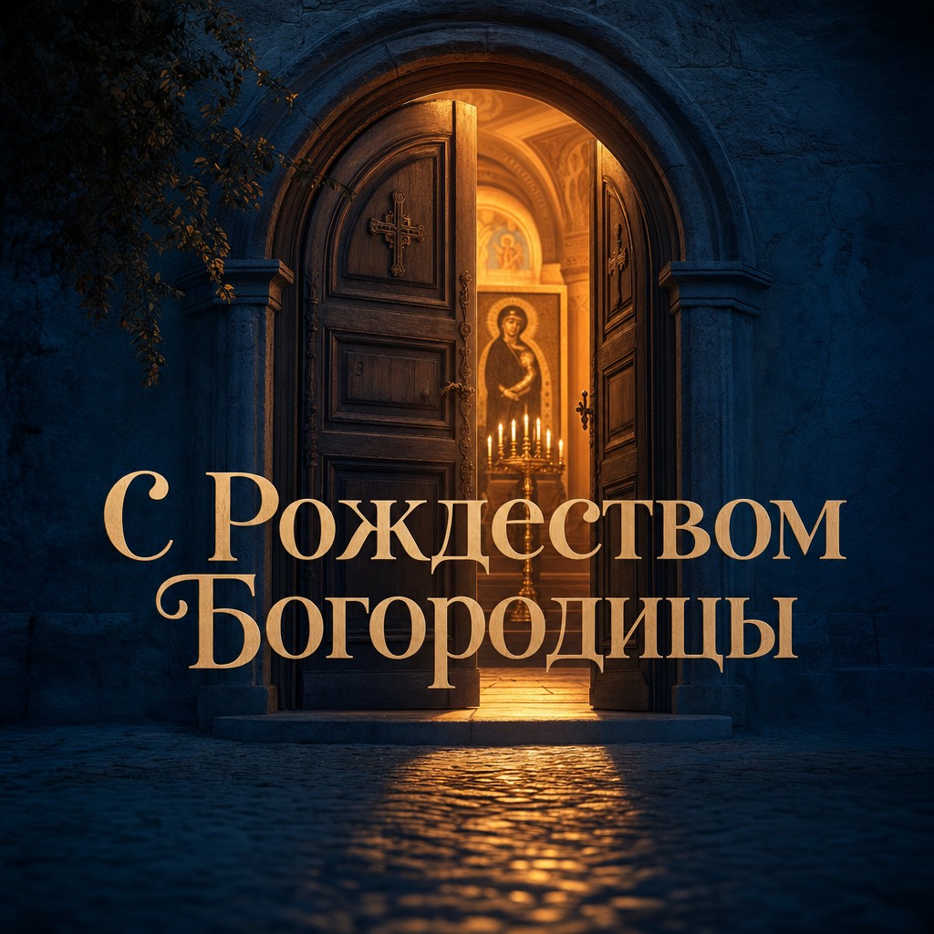 Атмосферная открытка к Рождеству Пресвятой Богородицы с открытой дверью храма и теплым светом.