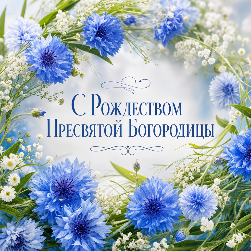 Цветочная открытка к Рождеству Пресвятой Богородицы с венком из васильков и полевых цветов.