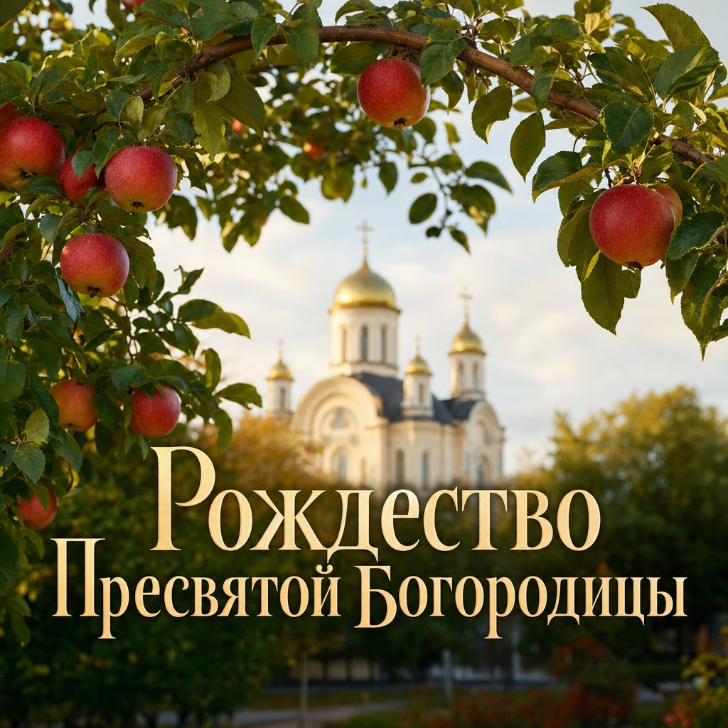 Теплая открытка к Рождеству Пресвятой Богородицы с яблоневыми ветвями и храмом вдали.