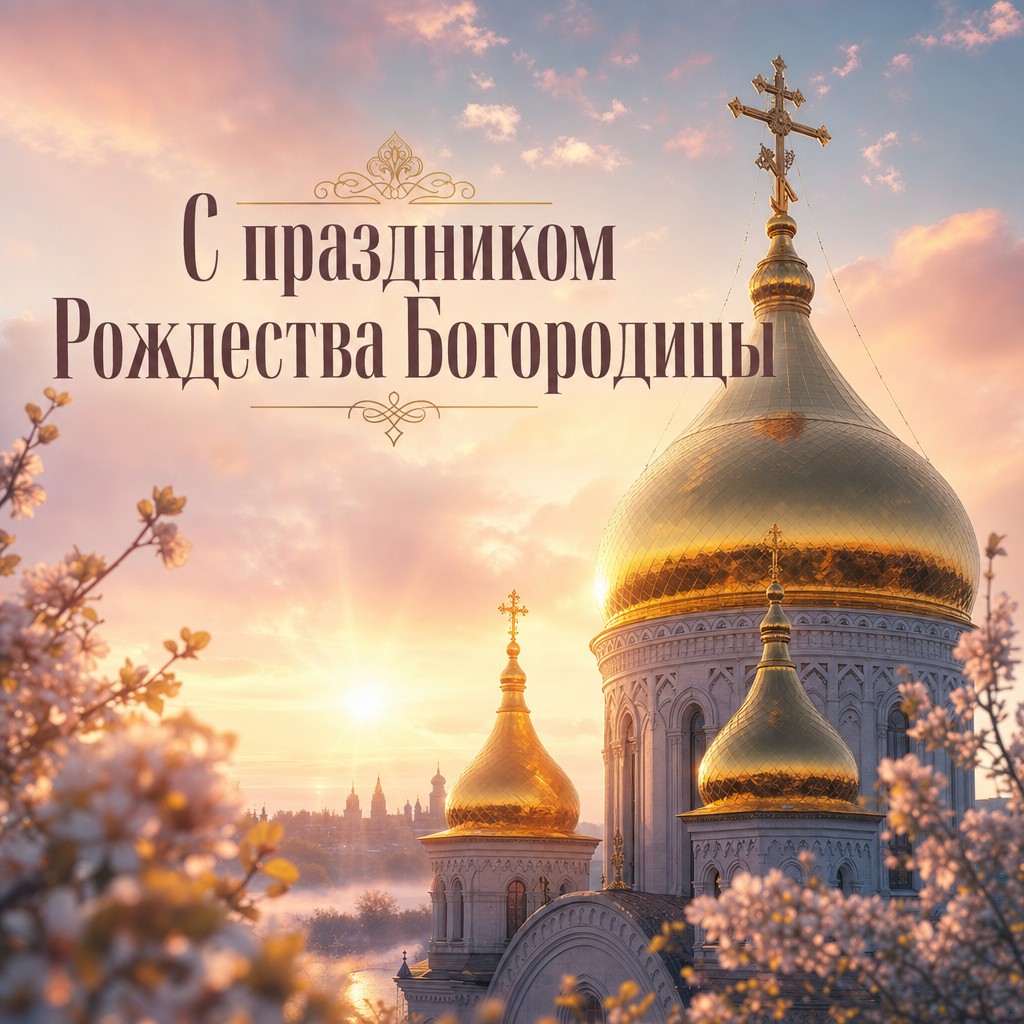 Светлая открытка к Рождеству Пресвятой Богородицы с золотым куполом храма на рассвете.